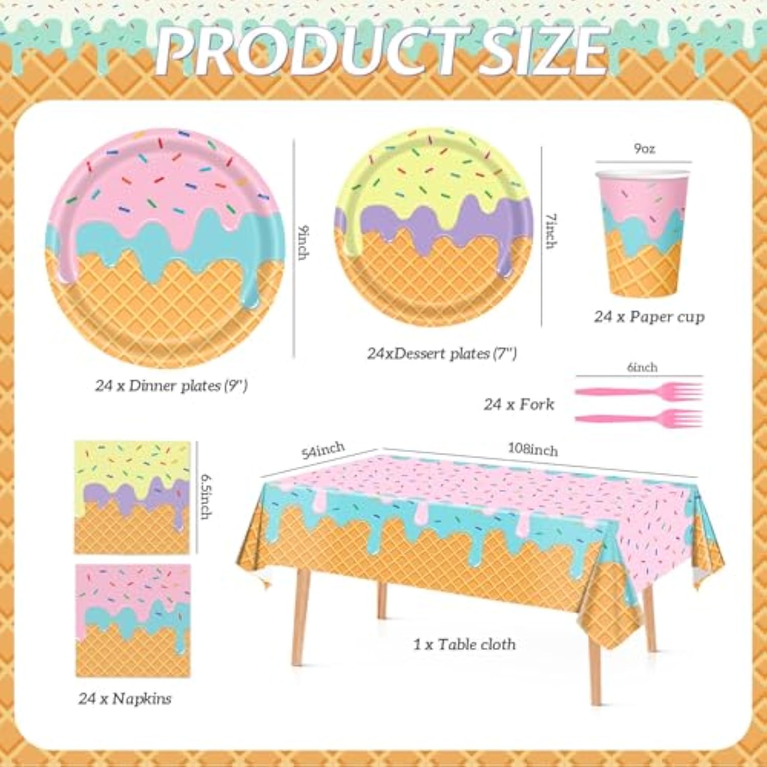 121Pcs Summer Ice Cream Party Supplies Kit, Lncludesice Cream Themed Plates Cups Napkins Cutlery Touchdown Tablecloth, For Baby Shower, Ice Cream Birthday Party Decorations ,Serve 24