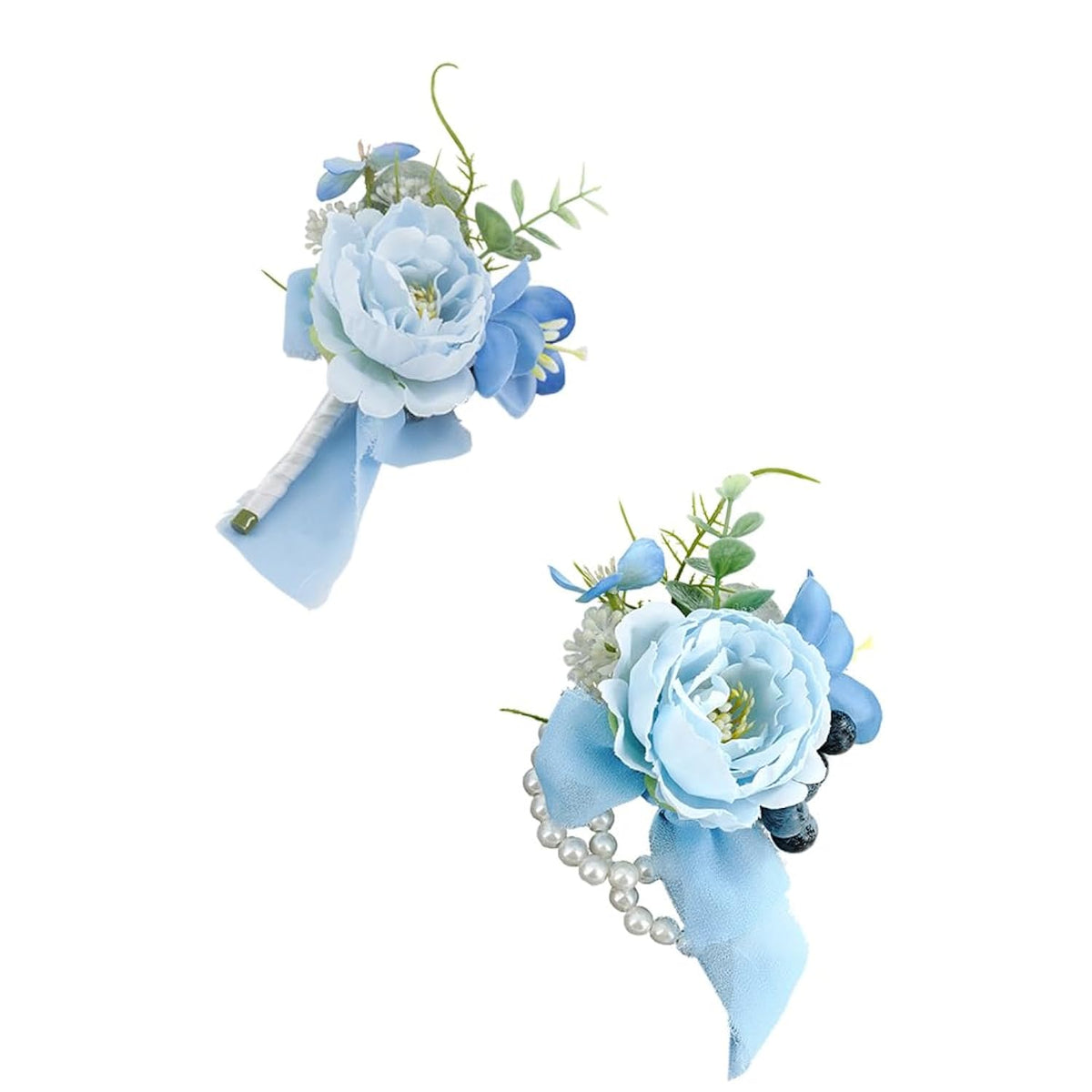 Light Blue Peony Corsage And Boutonniere Set, Prom Artificial Flower Wrist Corsage Bracelets, Homecoming Corsage Wristlet, Boutonniere For Men Wedding Flowers Accessories Prom Suit Decorations