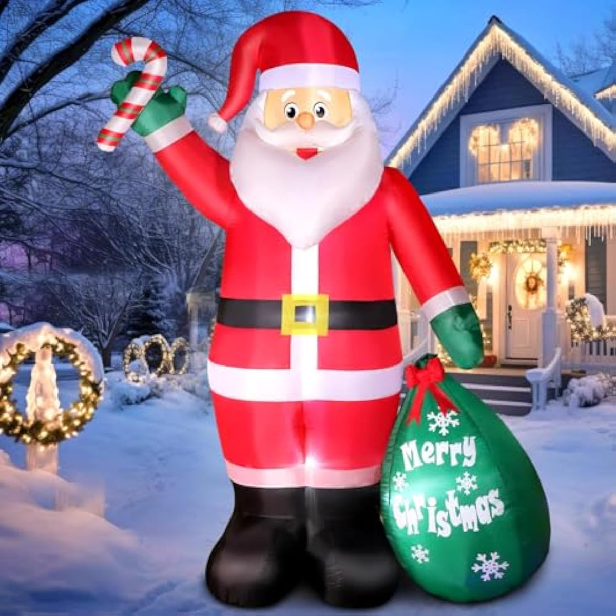 8 Ft Christmas Inflatable Santa Claus With Candy And Big Gift Bag Outdoor Decor, Blow Up Ip44 Weatherproof Xmas Decorati