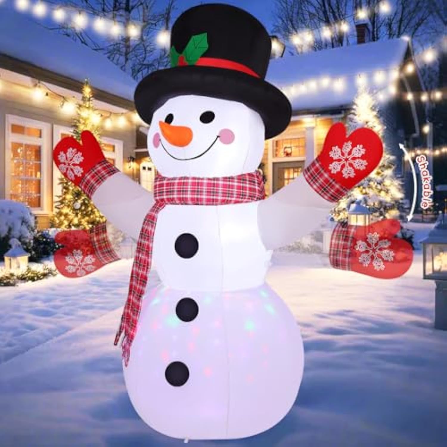 8 Ft Christmas Inflatables Snowman Decorations, Shaking Hand Snow Man Wear Magic Hat Outdoor Blow Up With Built-In Rotat