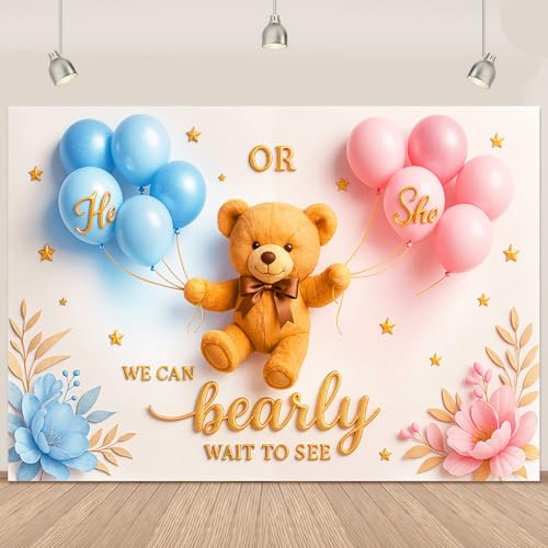 Boho Bear Gender Reveal Banner Backdrop 5.9×3.6Ft He or She Banner