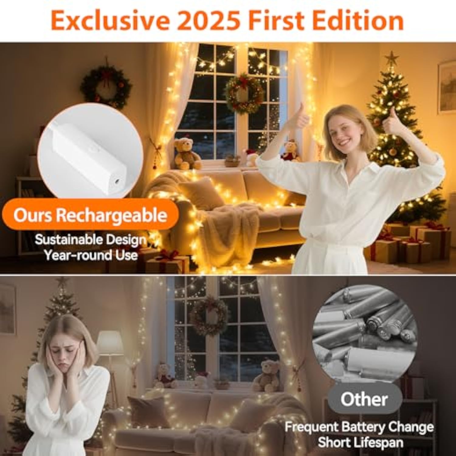 Rechargeable Star Fairy Lights Battery Operated With 8 Modes, 17Ft 50Led String Lights Indoor With Timer, Twinkle Lights