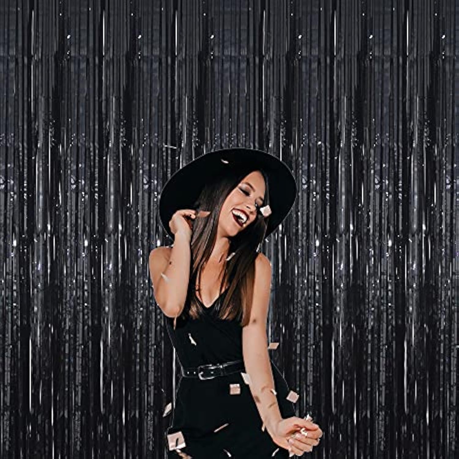 2 Pack Black Metallic Foil Fringe Curtains 6.4x9.8ft Party Backdrop
