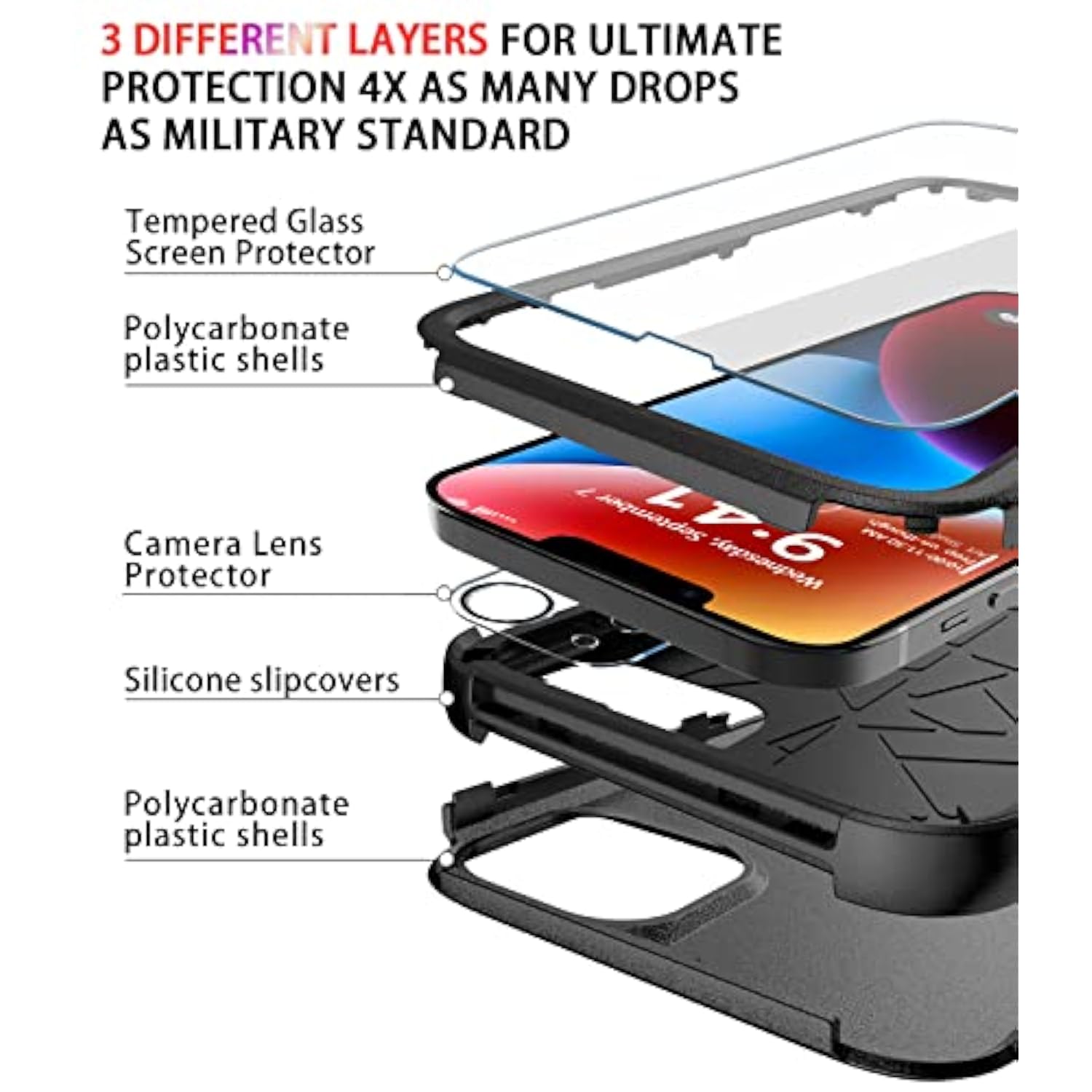 For 14 Case [Shockproof] [Dropproof] [Tempered Glass Screen + Camera Lens Protector] Heavy Duty Protection Phone Case Cover For 14 6.1Inch