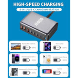 600W Usb C Fast Laptop Charging Station, 8 Port Multi Charger Block Gan Iii Fast Charging Brick Charger For Multiple Devices 140W Pd3.0 Pps Compatible With Macbook Pro/Air/Ipad Iphone 16/15/14/13