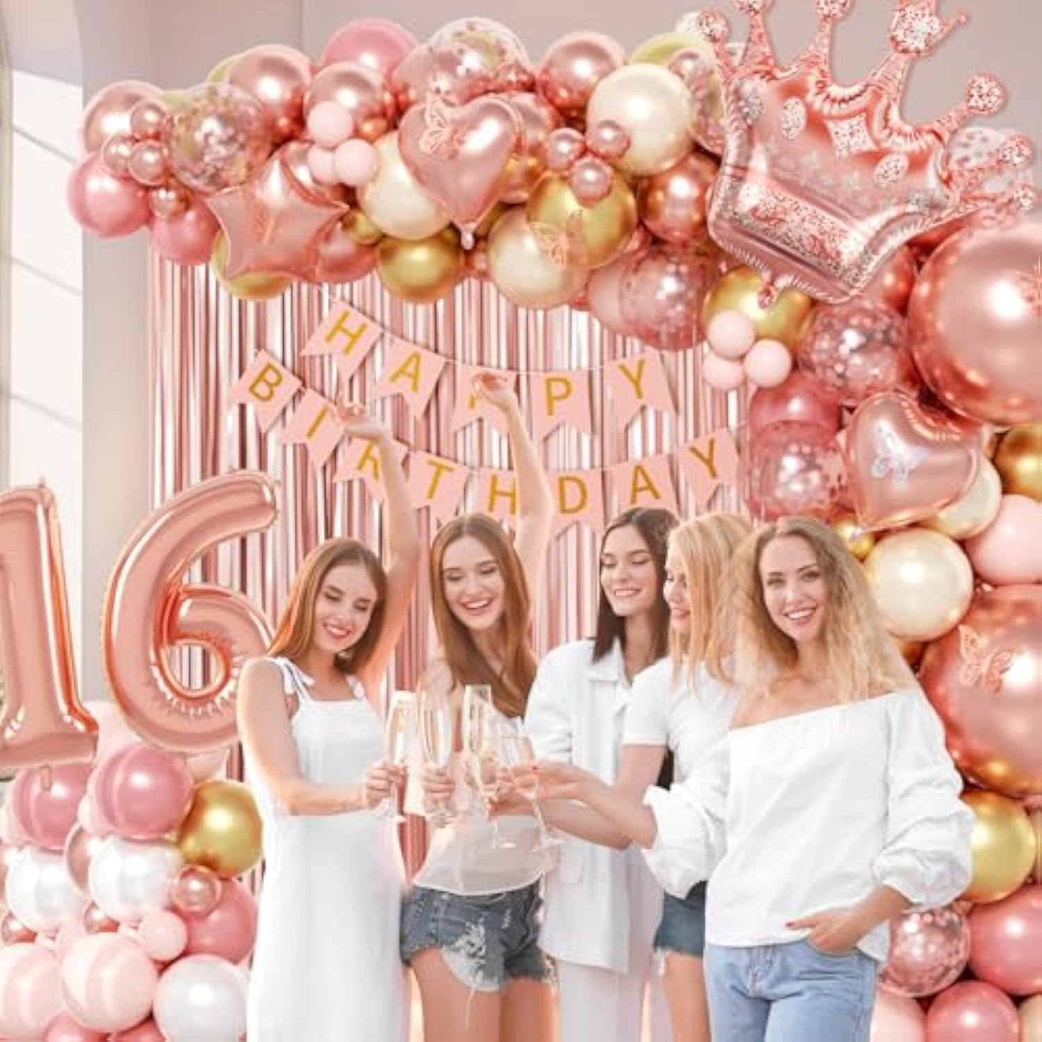 123Pcs Sweet 16 Party Decorations, 16Th Birthday Decorations For Girls With Sweet 16 Banner Balloon Number Fringe Curtain Rose Gold Pearl White Balloons For 16Th Birthday Decorations
