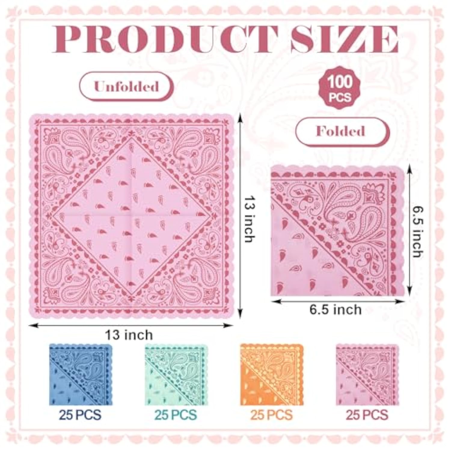 100 Pcs Western Party Bandana Napkins 2 Ply Disposable Paisley Print Scalloped Lunch Paper Napkins Bulk For Cowboy Cowgirl Birthday Wedding Party Supplies