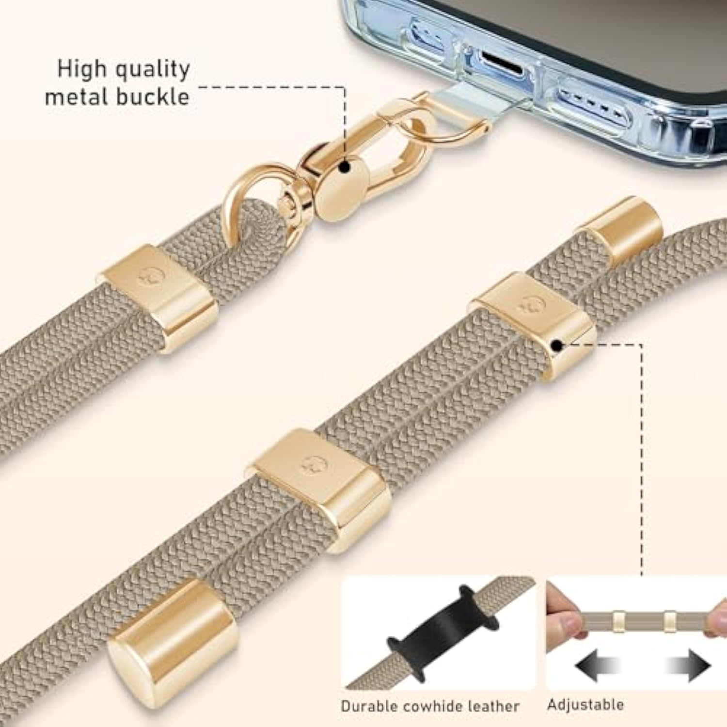 Cell Phone Lanyard,Crossbody Lanyard And Wrist Strap Premium Metal Buckle Phone Charms With 2 X Phone Patch Compatible With All Smartphone(Khaki)