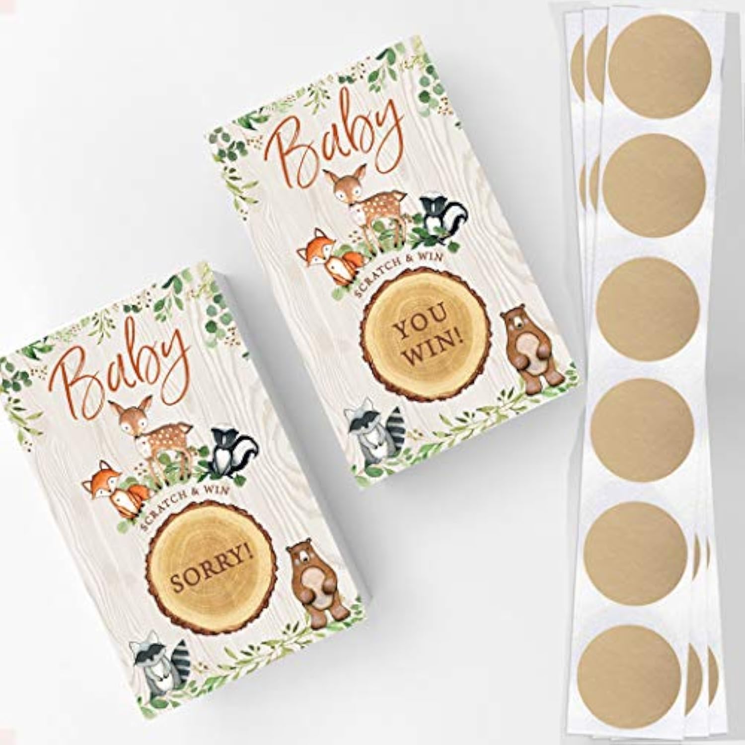 Baby Shower Game – Woodland Scratch Off Cards For Boy Or Girl, Forest Animal Theme, 30 Cards & Stickers