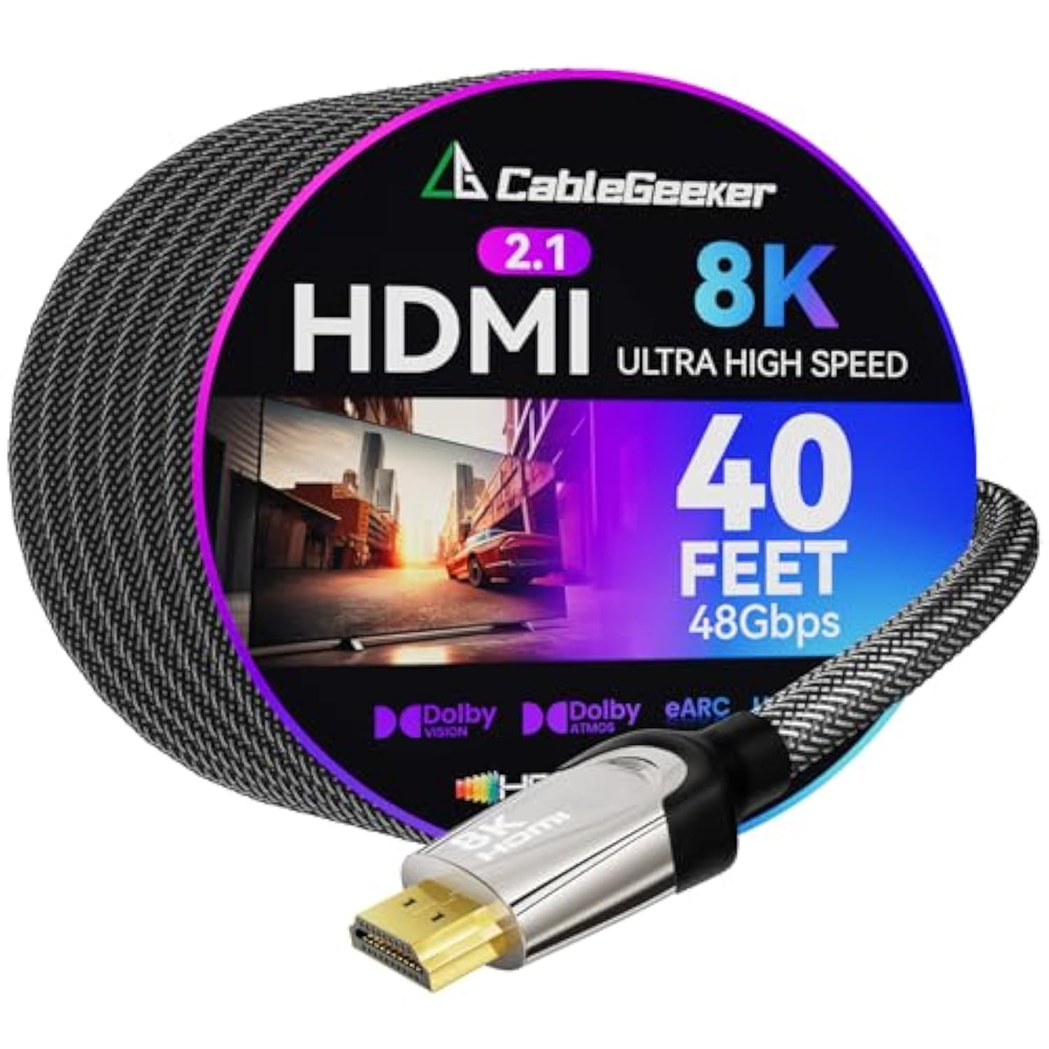 Long 8K Hdmi 2.1 Cable 40Ft, 48Gbps Ultra Hd Lead High Speed Cord Connector, S
