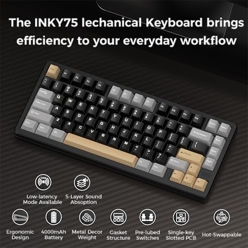 Mk Inky75 Mechanical Keyboard With Full Aluminum Wireless Mechanical Gaming Keyboard, 75% Layout Mechanical Keyboard Bt/2.4G/Usb-C,Hot Swappable, Creamy Sounding, Rgb/Pp/4000Mah(Raven Black)