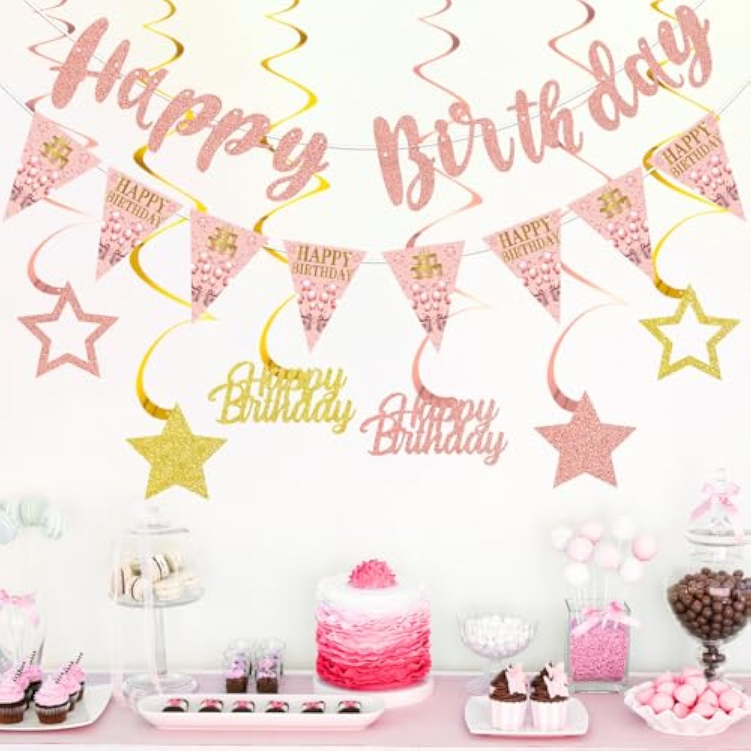 Pink Rose Gold Birthday Decorations For Girls Women, Happy Birthday Banner Stars Hanging Swirls Happy Bday Decoration Party Supplies Sign