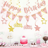 Pink Rose Gold Birthday Decorations For Girls Women, Happy Birthday Banner Stars Hanging Swirls Happy Bday Decoration Party Supplies Sign