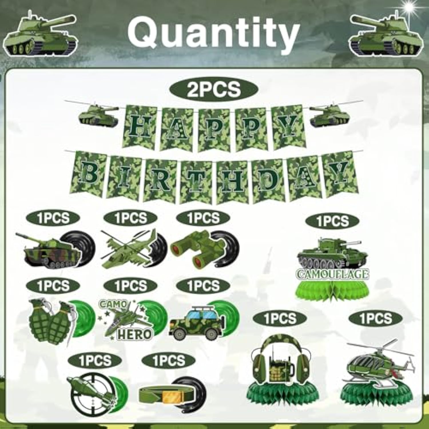 Camo Birthday Party Decorations - 13Pcs Army Party Decorations Set Military Themed Happy Birthday Banner Hanging Swirls Honeycomb Centerpieces Decor Supplies For Boys