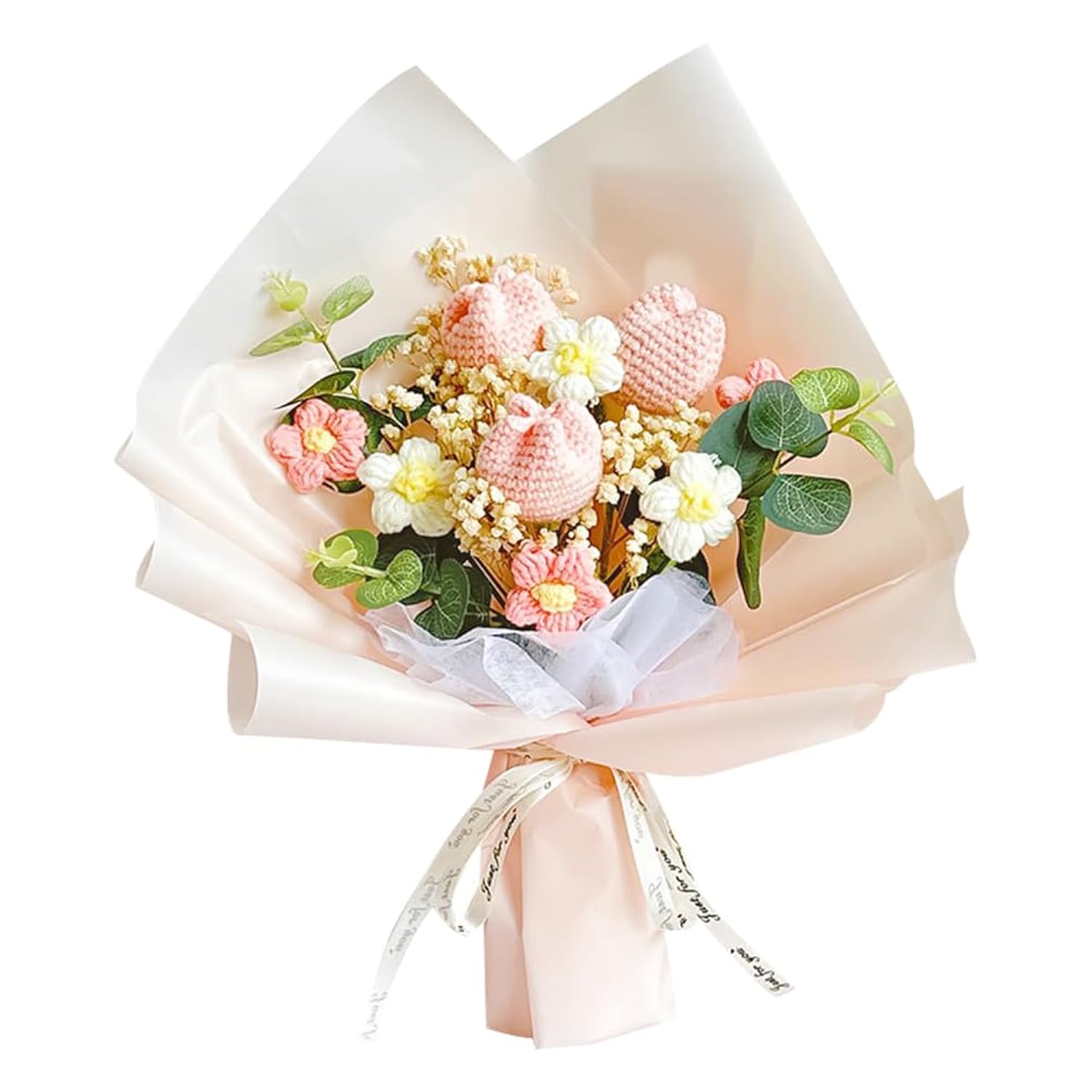 Crochet Flower Tulip Bouquet: Handmade Artificial Flower Knitted Sunflower Bouquet For Festival Wedding Graduation Anniversary (Pink)