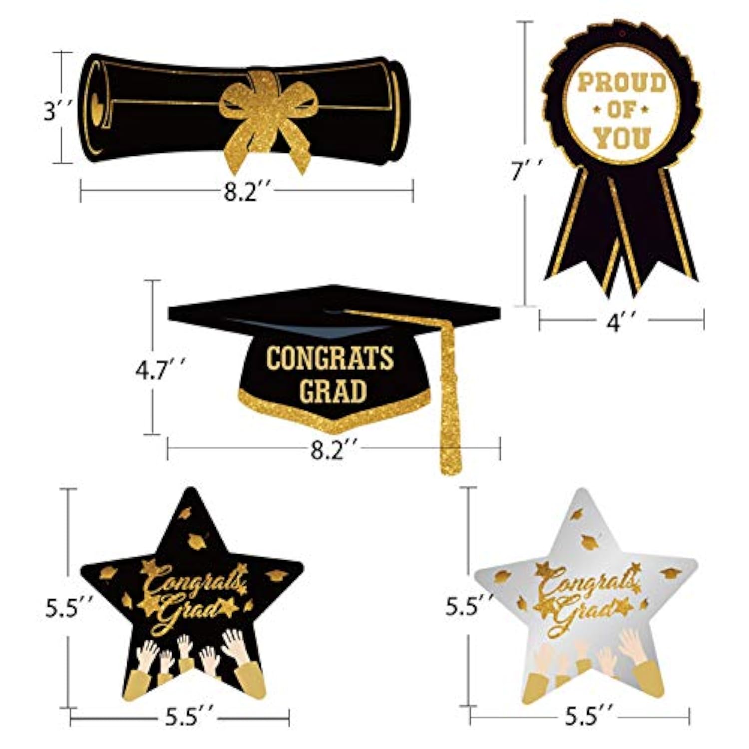 Graduation Hanging Swirl Banner Decorations, Black Gold Silver Star Ba