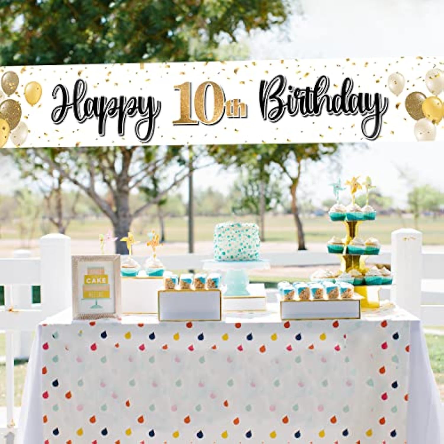 Happy 10Th Birthday Decorations,10Th Gold Balloon Large Birthday Hanging Banner Sign,Cheers To Ten Years Old Bday Party Supplies.