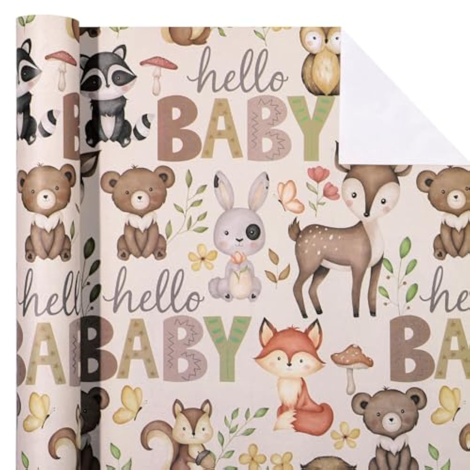 Woodland Kraft Baby Shower Wrapping Paper Roll for Kids’ Birthday & Parties