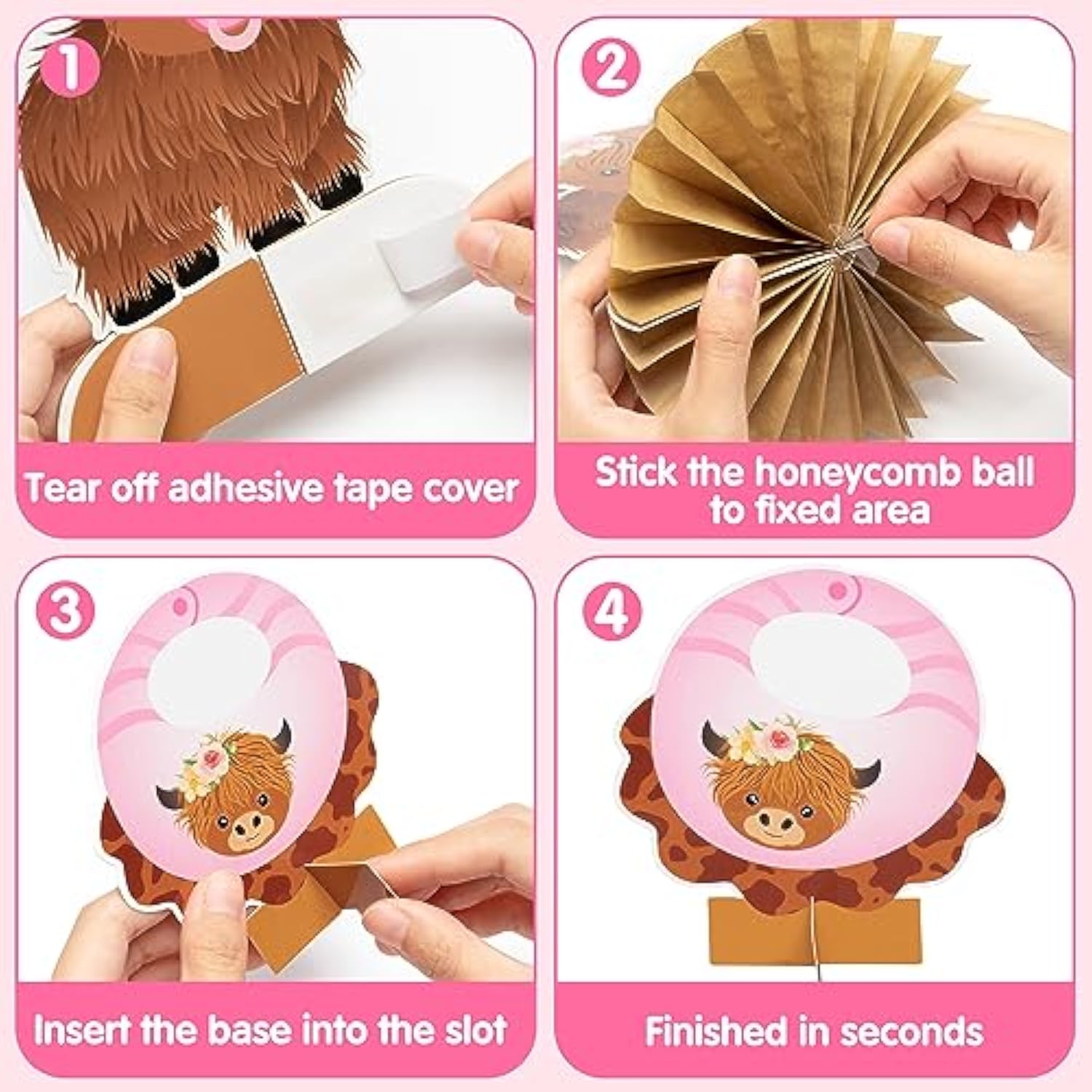 12Pcs Pink Highland Cow Honeycomb Centerpieces Floral Highland Cattle