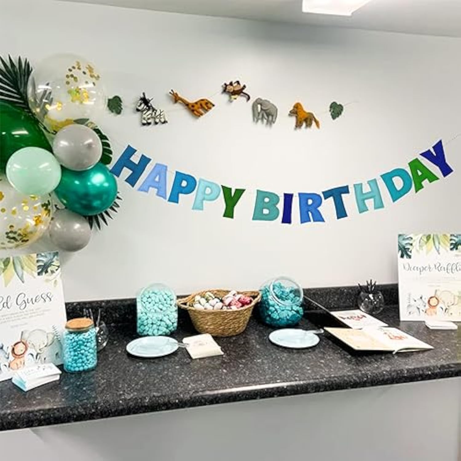 Pre Strung Blue Happy Birthday Felt Ball Garland Rainbow Party Decoration