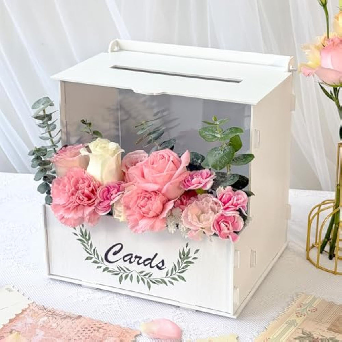 Wooden Wedding Card Box With Acrylic Board & Flower Trough, White Gift Card Box For Wedding, Envelope Boxes For Gifts Bridal Shower Decorations Party Reception Anniversary Baby Shower