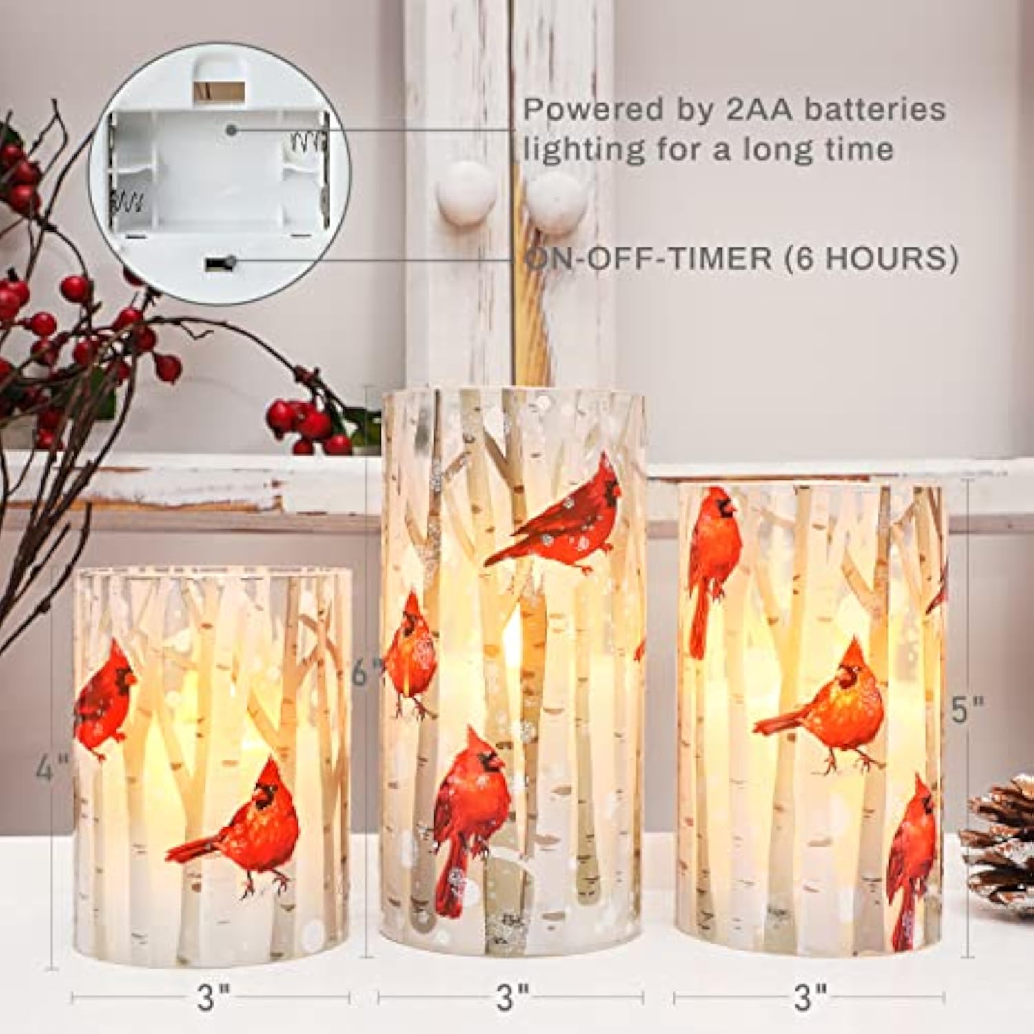 Flameless Candles, Cardinal Theme, (Set Of 3) Battery Operated Led Candles With Remote, Real Wax & Glass Effect Candle With Timer For Christmas Home Festival Décor