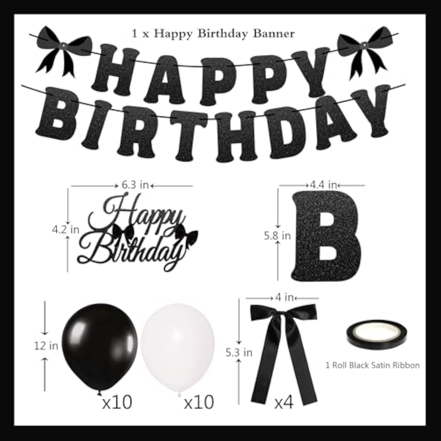 Black Bow Party Decorations — Happy Birthday Banner, Garland & Cake Toppers