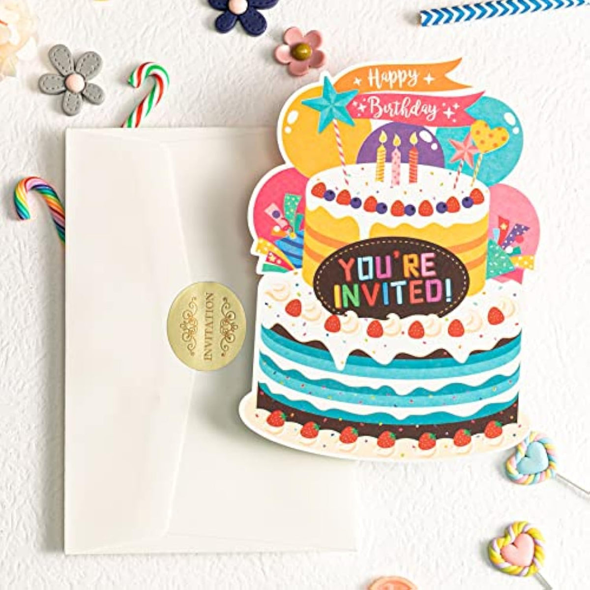 25Pcs/Set Birthday Party Cake Invitations With Envelopes, Kids Birthday Party Invitations, Perfect For Girls Boys Kids Birthday Party Celebration Decorations