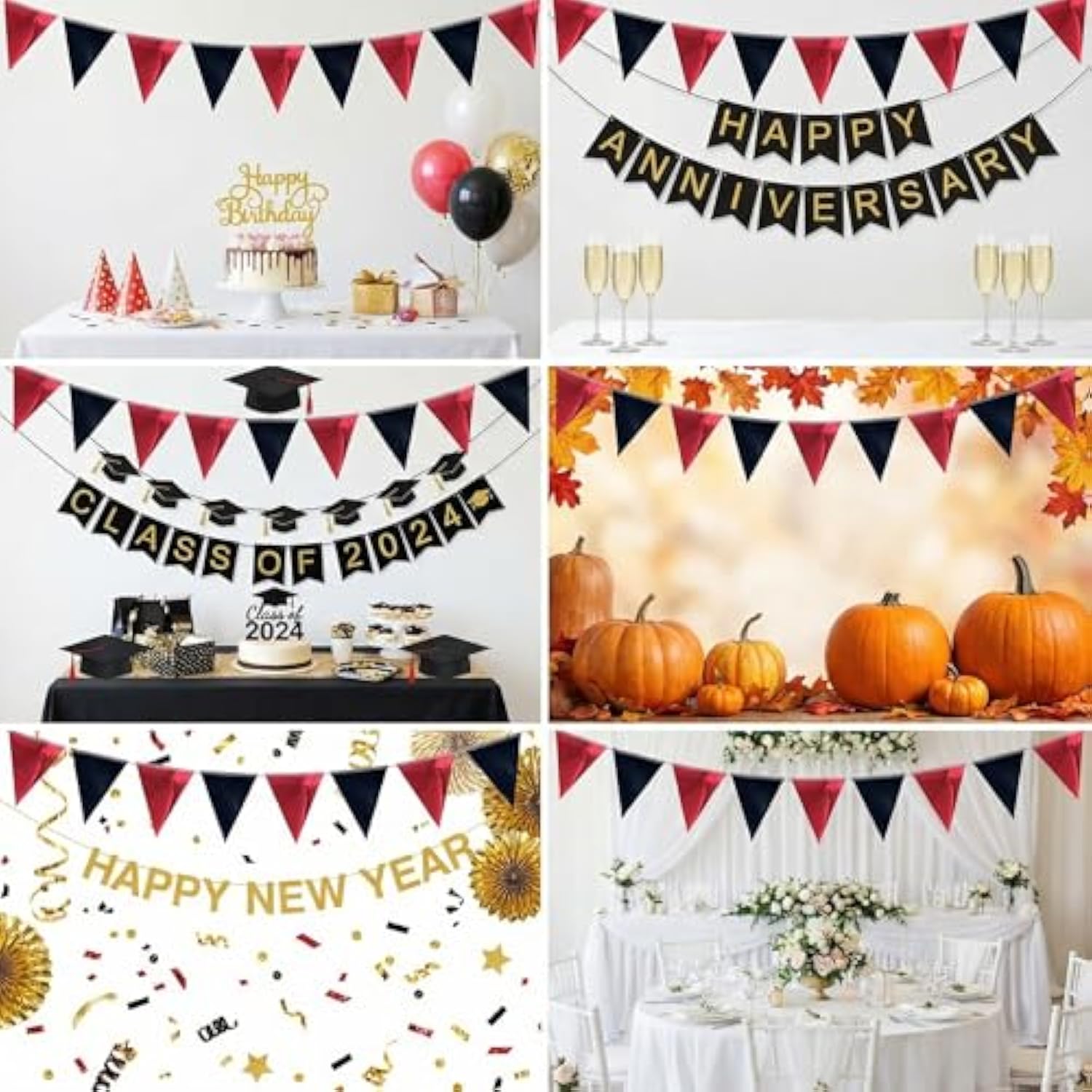 64Ft Black Red Triangle Pennant Banner Flag Metallic Paper Bunting Garland For Hanging Backdrop Birthday Party Decorations Graduation Bachelorette Bridal Wedding Baby Shower New Year Party Supplies