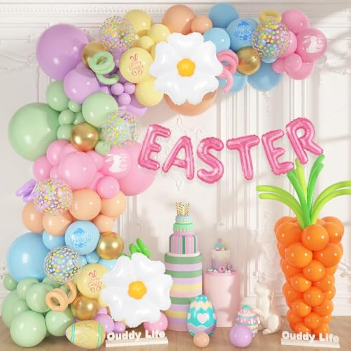 187 Pcs Easter Balloons Arch Garland Kit, Easter Party Decorations With Daisy Flower Foil Long Pastel Printed Balloons For Spring Pastel Birthday Baby Shower Bunny Party Supplies Decor