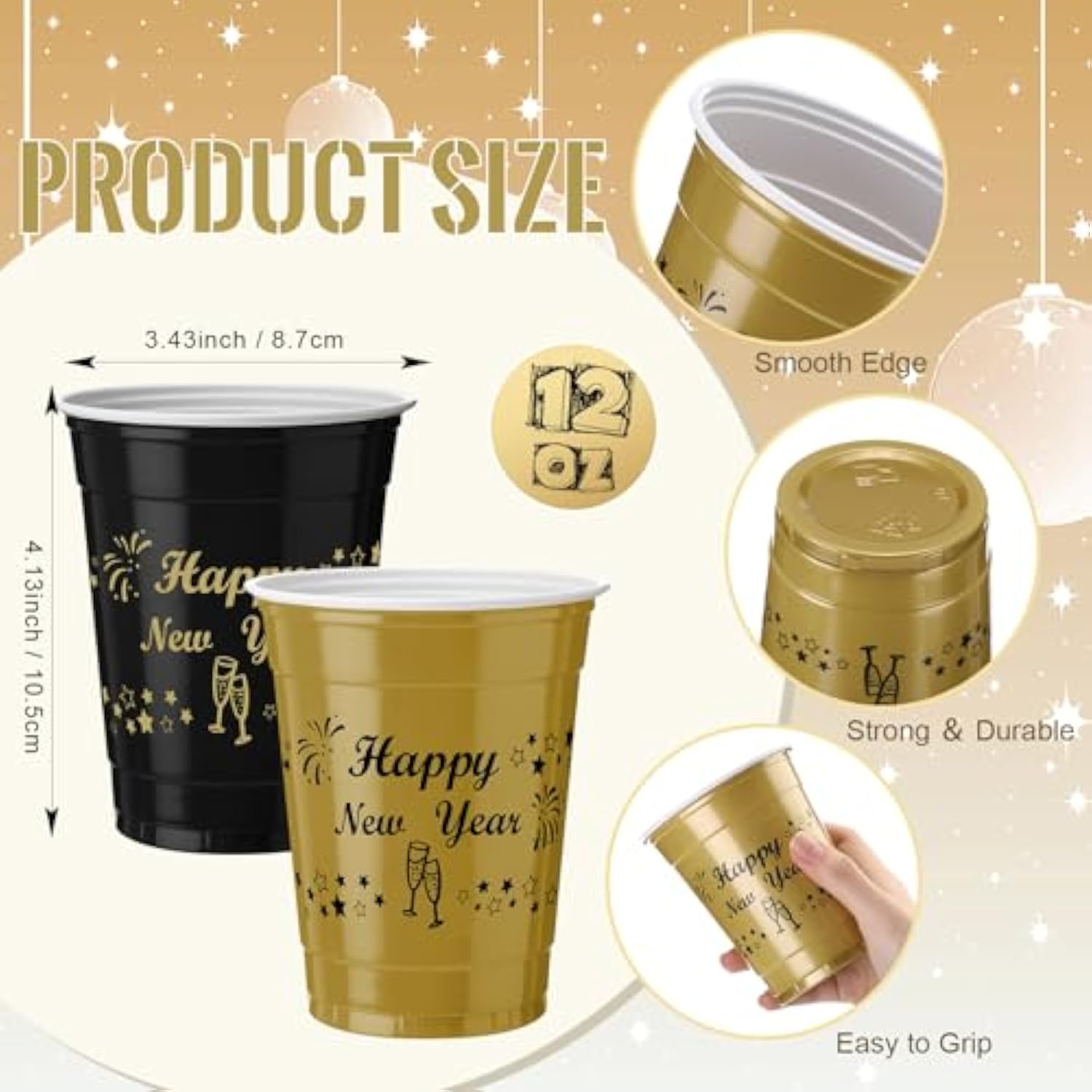 50 Pcs 12 Oz Happy New Year Disposable Plastic Cups Black Gold Drinking Cups New Year Party Supplies For Holiday Christmas