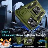 Case For Iphone 15 With Slide Camera Cover + Screen Protector (2 Packs), Rotated Ring Kickstand Military Grade Shockproof Protective Cover-Olive Green