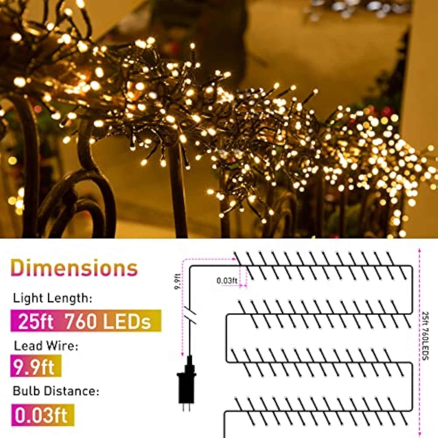 Led Christmas Cluster Lights, 760 Leds 25Ft Outdoor Waterproof Black Wire Christmas Firecrackers String Lights, 8 Modes