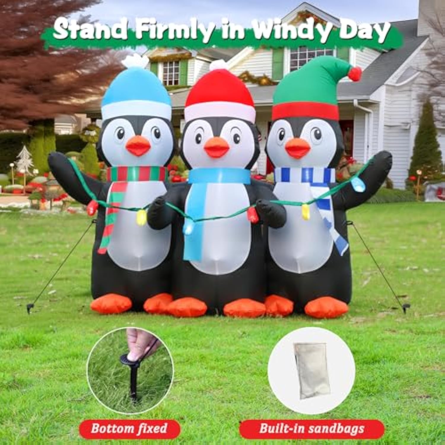 6 Ft Christmas Inflatable Penguin Decoration, Blow Up 3 Cute Penguins, Blowsup Decor, Built-In Bright Led Lights, Festiv