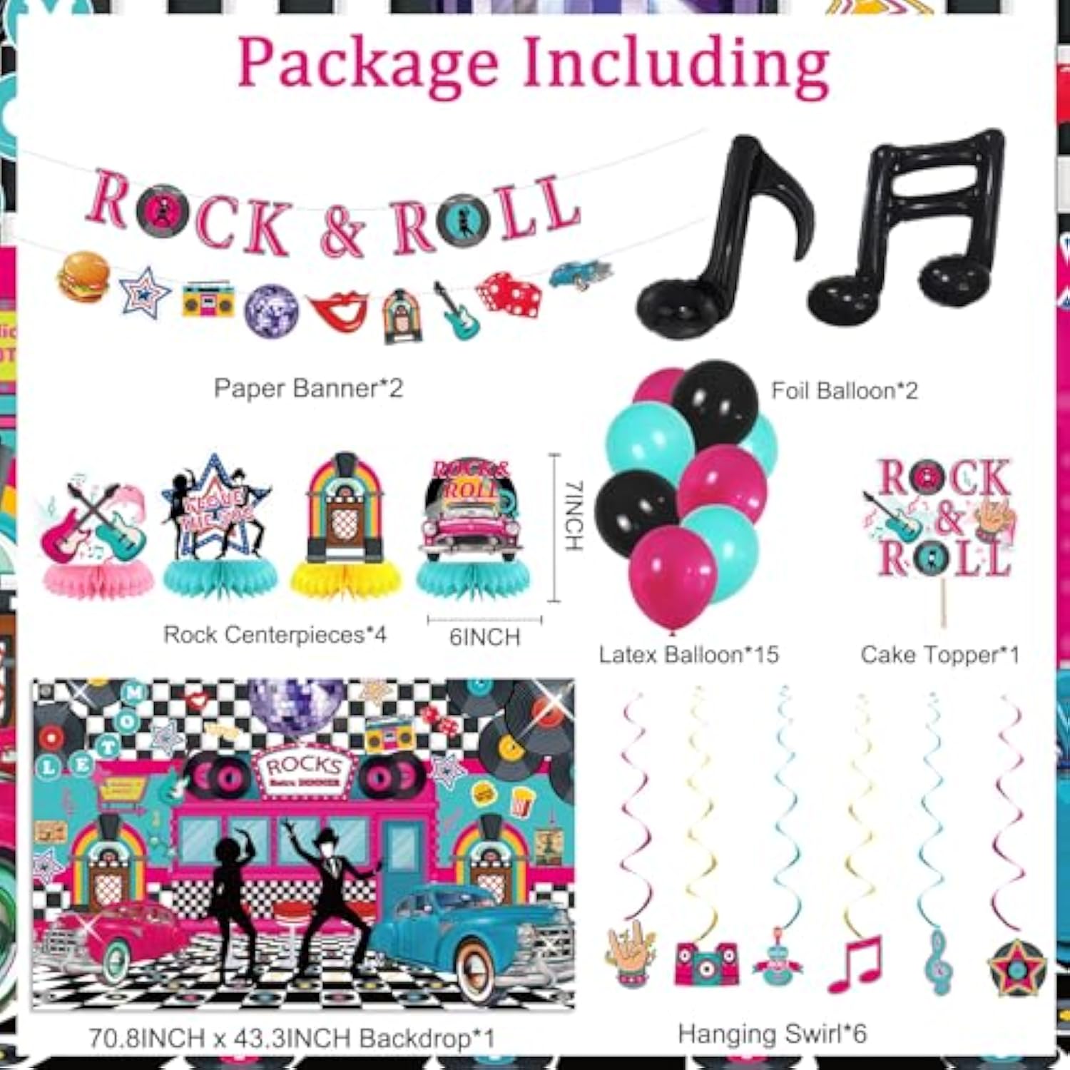 1950s Rock and Roll Party Decorations with Banner, Backdrop, Centerpieces, and Balloons