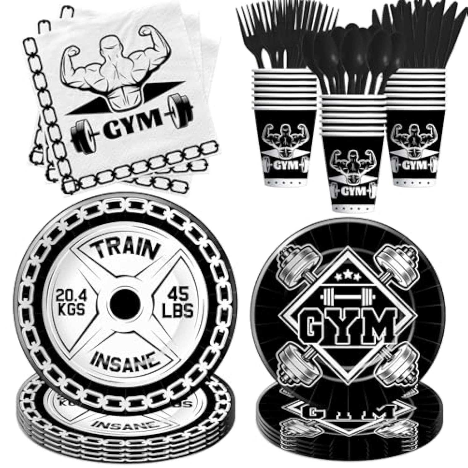 Gym Party Decorations Tableware - Gym Bodybuilder Birthday Party Supplies, Paper Plate, Napkin, Cup, Cutlery, Fitness Barbell Birthday Decorations For Gym Lovers And Weight Lifters | Serve 24