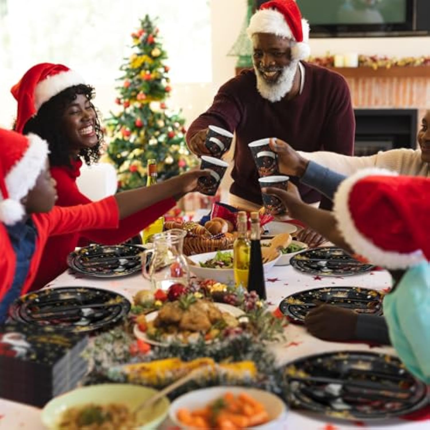 194 Pcs Black Santa Christmas Decorations Black African American Claus Girl Christmas Disposable Paper Dinnerware Set Includes Plates Cups Napkins Knives Forks Spoons For Xmas Party Supplies