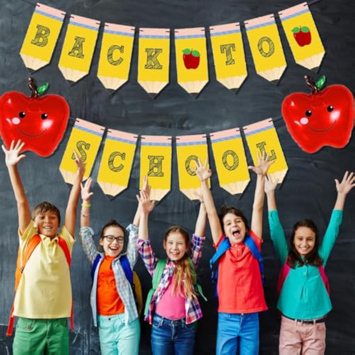 Pencil Back To School Banner Red Apples & Balloons for Classroom Decor/Party
