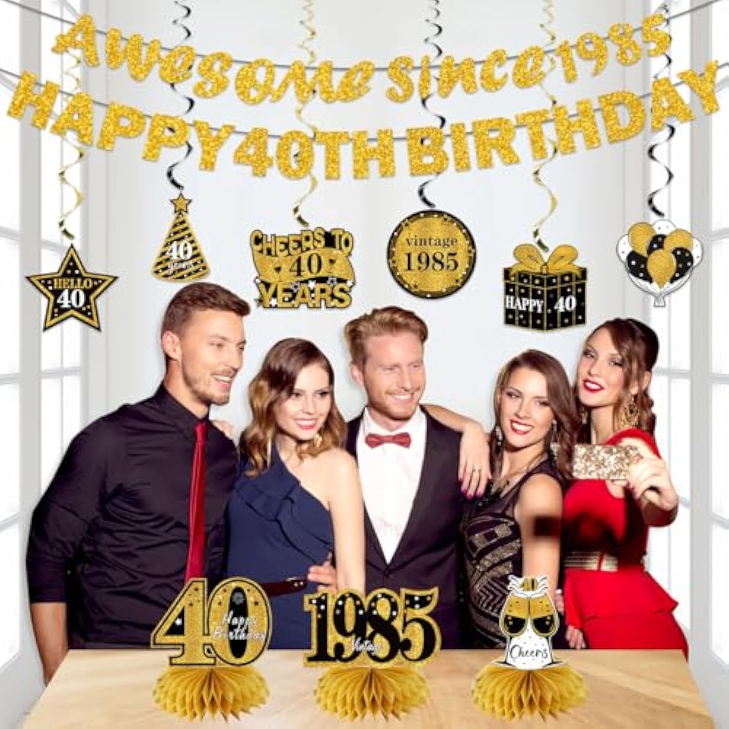 11Pcs 40th Birthday Decoration Kit – Black & Gold Banner, Swirls, Centerpieces and Table Toppers