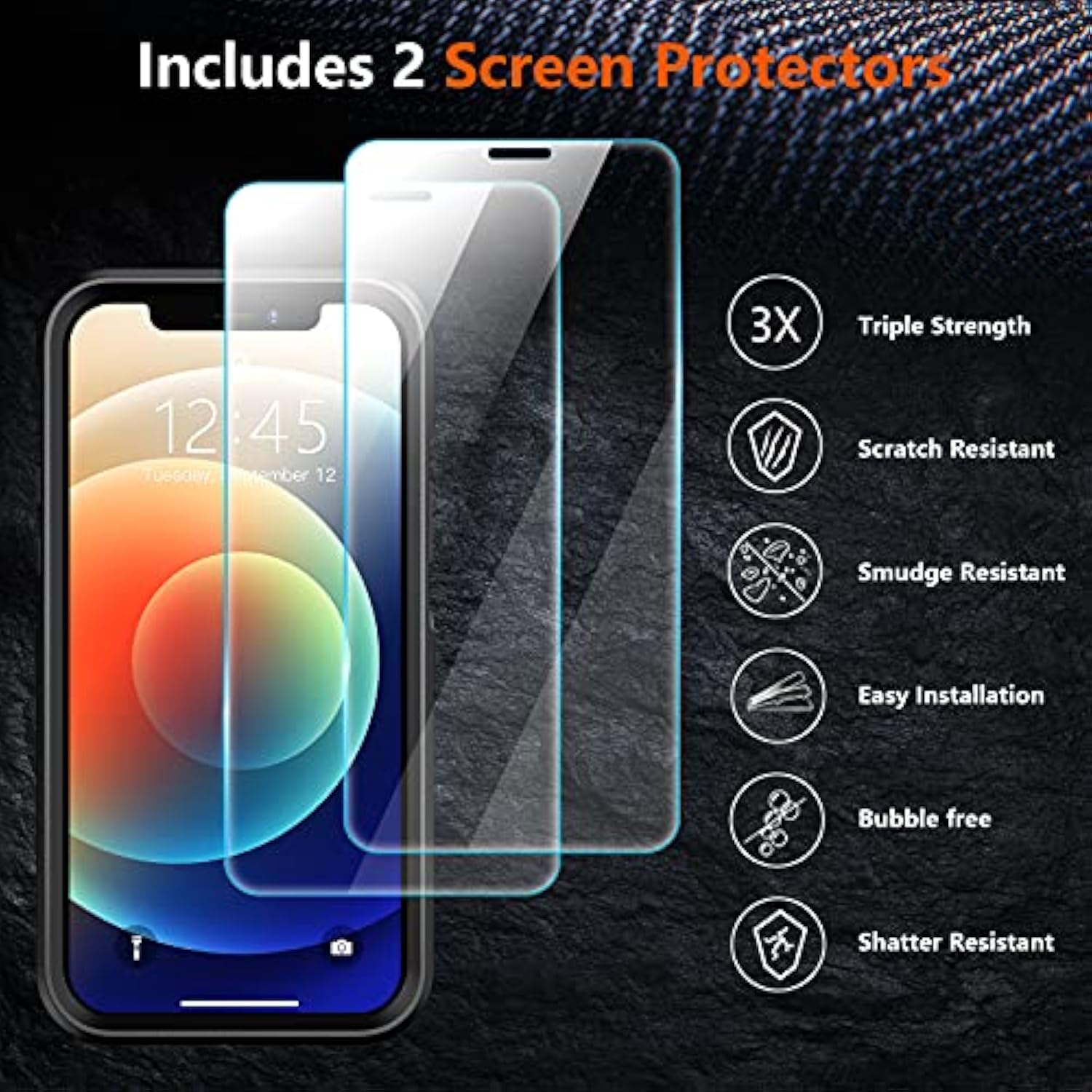 Designed For Iphone 12 Case/Iphone 12 Pro Case, [10 Ft Grade Drop Protection] [With 2 Pcs Tempered Glass Screen Protector] Protective Case For Iphone 12/12 Pro (Black)