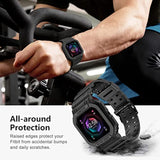 Compatible For Fitbit Versa 4/3/2/ Fitbit Versa Lite/Fitbit Sense 2/ Fitbit Sense Bands With Case, Protective Smartwatch Case Strap Rugged Sport Protector Wristbands Men Black