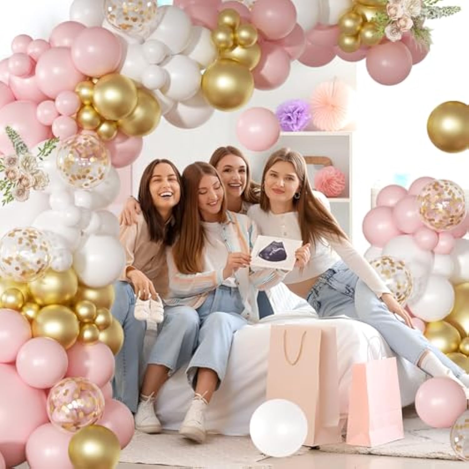 138pcs Pink and White Balloon Arch Kit with Gold Confetti for Baby Shower & Party