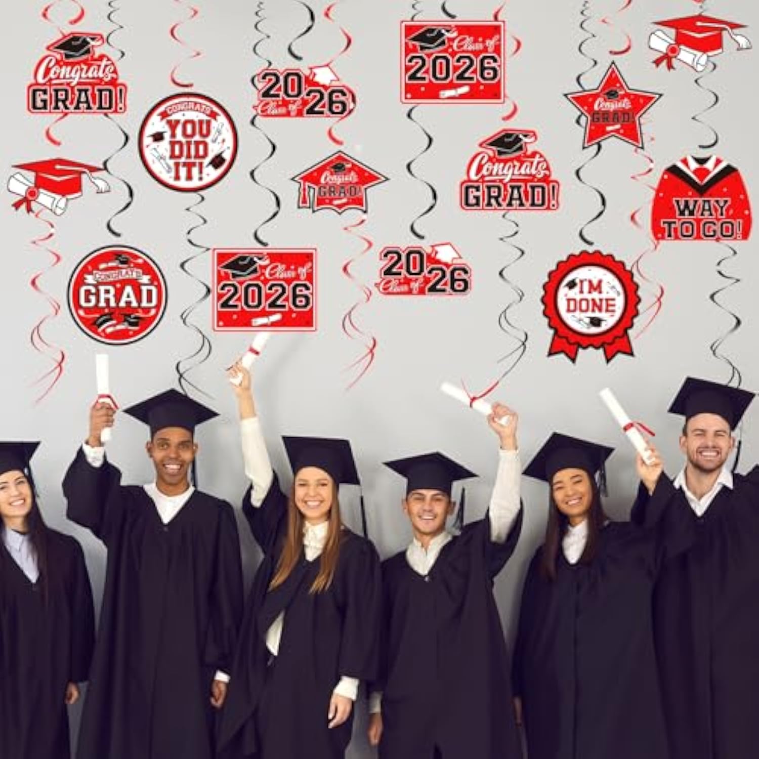 31 Pieces Graduation Decorations Class Of 2026, Graduation Hanging Swirl Congrats Grad And Graduation Party Decorations(Red, Black)