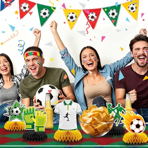 10 Pcs Soccer Party Decorations, 3D Soccer Honeycomb Centerpiece, Soccer Centerpieces for Table with Reusable Paper Clips for 2026 Matches Soccer Theme Birthday Party Supplies