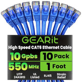 GearIT Cat 6 Ethernet Cable 1 ft (10-Pack) - Cat6 Patch Cable, Cat 6 Patch Cab