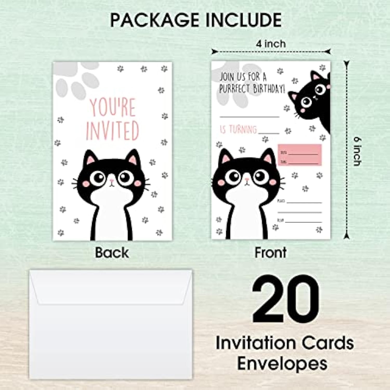 Cat Birthday Invitation Cards, Kitten Party Invites, Kids Happy Birthday Party Decorations Supplies, 20 Fill-In Cards With Envelopes For Boys Or Girls Party Celebration - B13