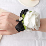Wrist Corsage Rose Corsage And Boutonniere Set For Bride Groom Wedding Prom Party Hand Flower Decoration Set Of 2 (Black & White)