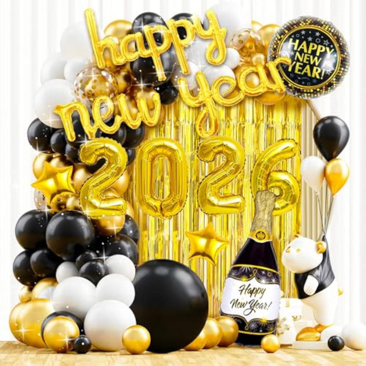 2026 New Year’s Eve Party Supplies Gold Black Balloons Banner Foil Curtains