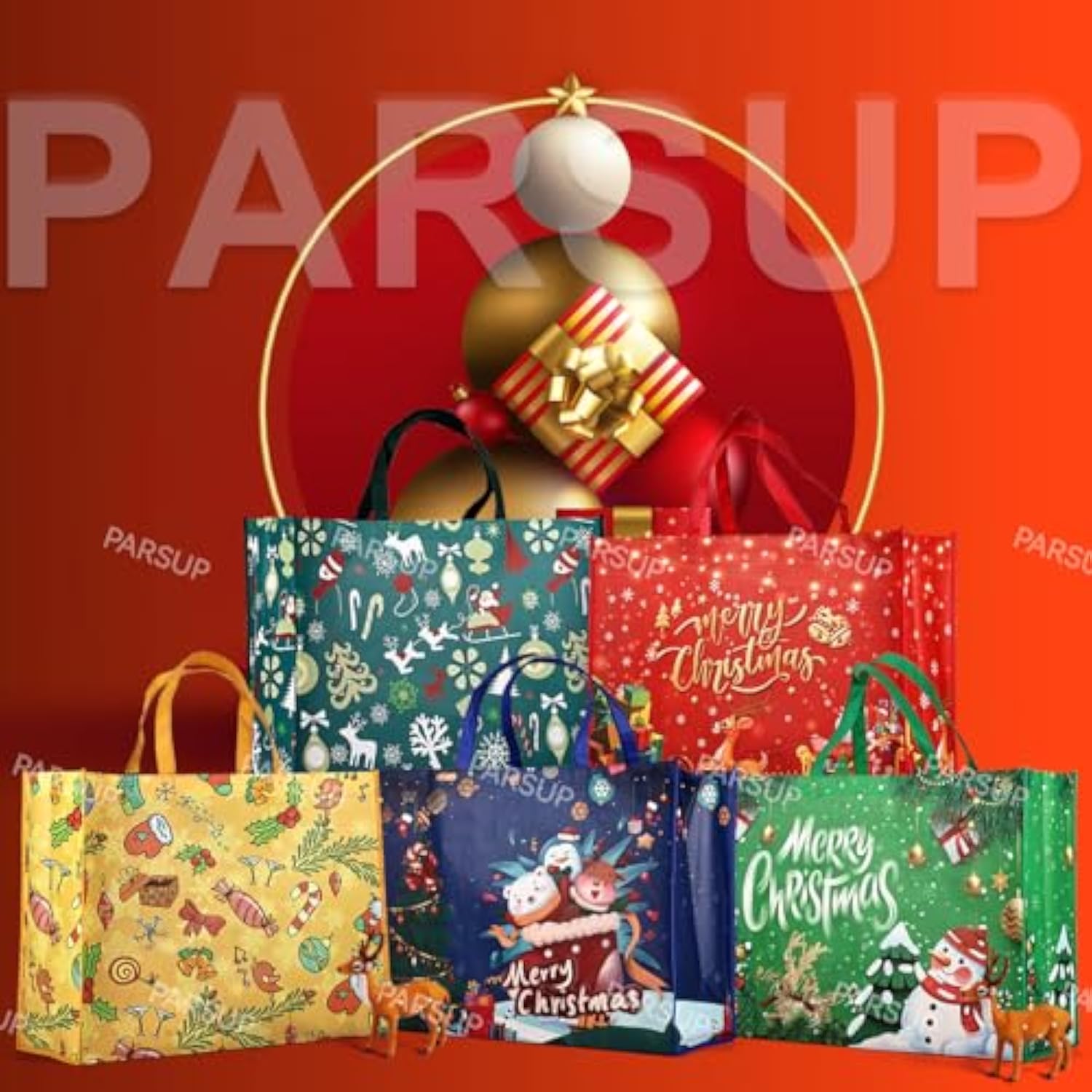 15Pcs Giant Christmas Gift Bags, Heavy Duty Treat Tote Grocery Bags With Handles, Sewing Non-Woven Jumbo Bags For Gifts Wrapping Shopping, Xmas Party Supplies, 21.26"×15.7"×7.9"