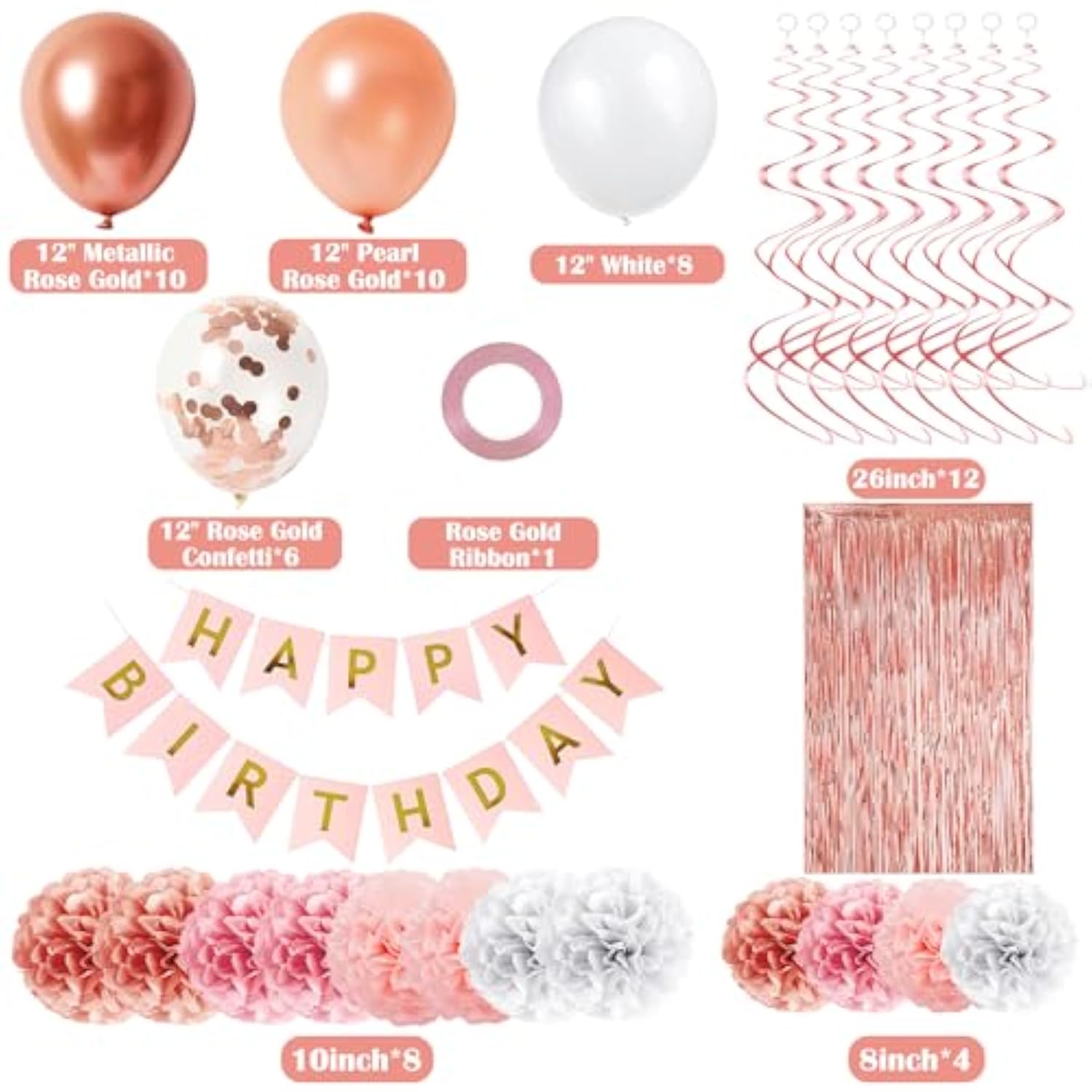 Rose Gold Birthday Decorations For Women Girl, Happy Birthday Banner Fringe Curtains Balloons Tissue Paper Pom Poms Hanging Swirl Birthday Party Décor
